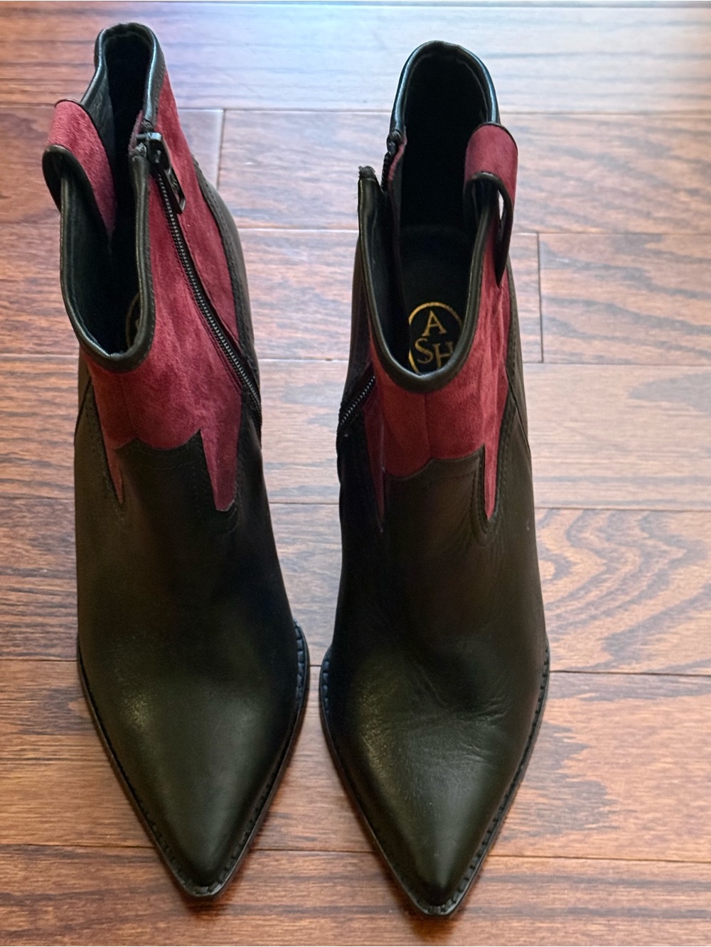 Ash Black Leather Ankle Boots with Burgundy Suede Accent